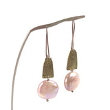 Brass sail stud drop earrings with coin pearl by Sara Lloyd-Morris