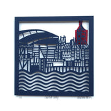 Blue Cardiff Bay papercut by Caroline Rees