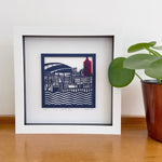 Blue Cardiff Bay papercut by Caroline Rees