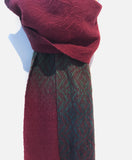 Handwoven cashmere scarf in reds/greens by Riitta Sinkkonen Davies
