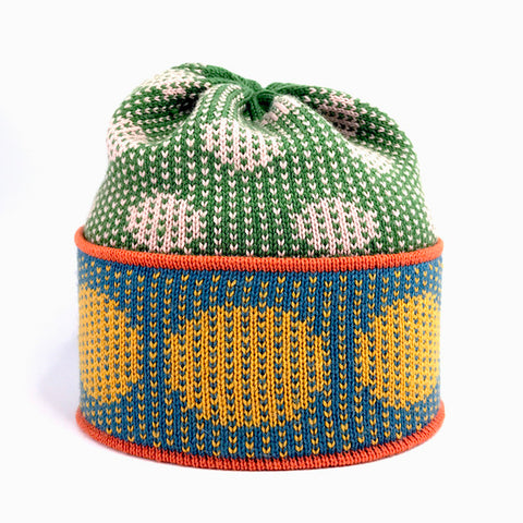 Circle spot two-way hat in teal, gold & green by Alison Taylor