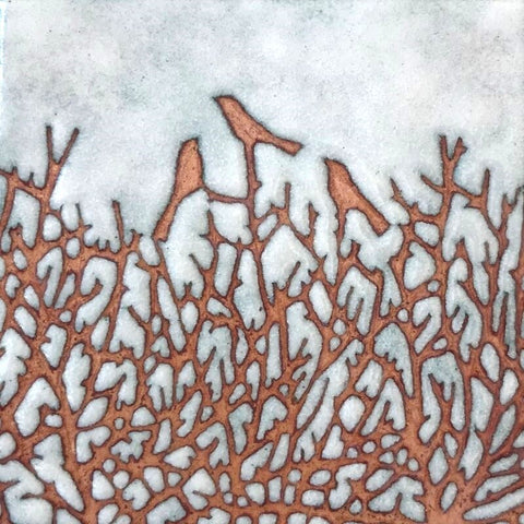 Three birds - enamel panel by Janine Partington