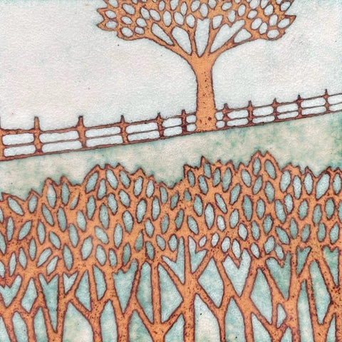 Beyond the hedge - enamel panel by Janine Partington