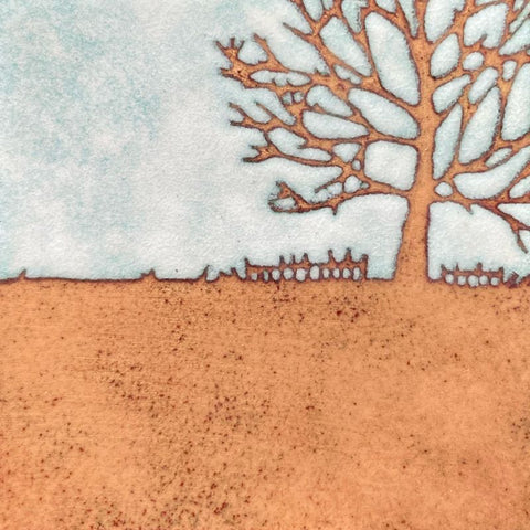 Broken fences - enamel panel by Janine Partington