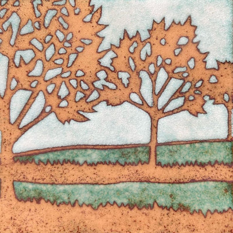 Three trees - enamel panel by Janine Partington