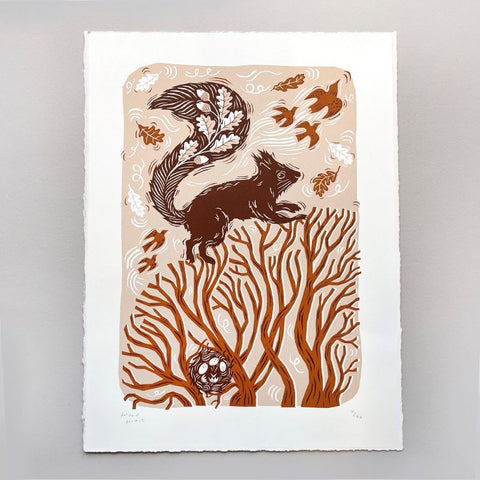 Squirrel in treetops - Screenprint by Folded Forest