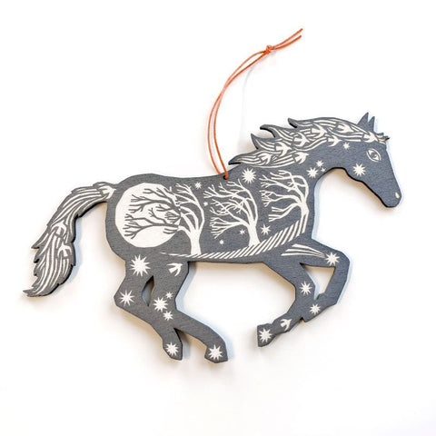Screenprinted Wooden Decoration - Silver Horse by Folded Forest