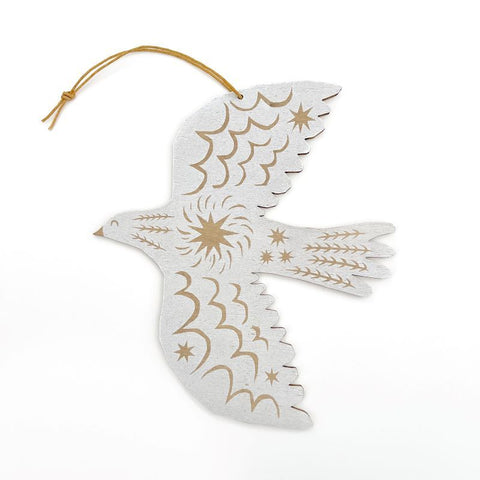 Screenprinted Wooden Decoration - White Winter Bird by Folded Forest