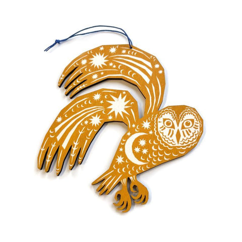 Screenprinted Wooden Decoration - Yellow Ochre Owl by Folded Forest
