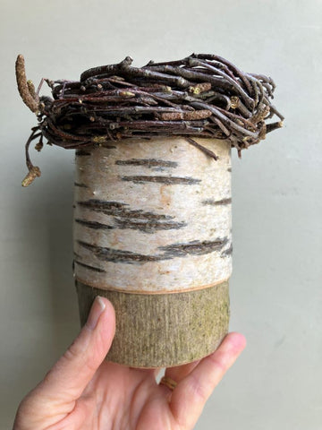silver birch bark pot with twig rim by Jane Bevan