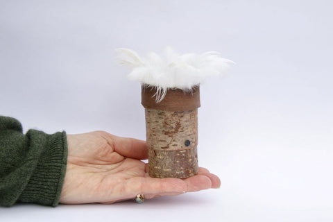 Silver birch bark pot with white feather rim by Jane Bevan