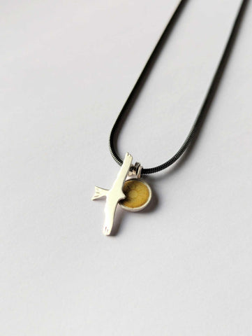 Red kite pendant (oxidised chain, yellow disc) by Kathryn Willis