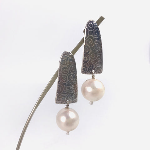 Long stud spiral whisper & pearl earrings by Sara Lloyd-Morris