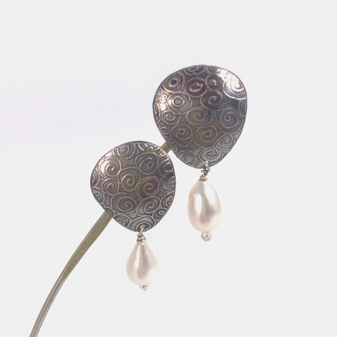 Spiral whisper pebble drop pearl earrings by Sara Lloyd-Morris