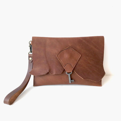 Raw Edge Leather Clutch w Vintage Key in Tan by Coterie Leather