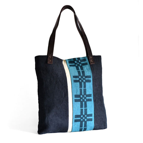 Blue Welsh block print tote bag by Lynda Shell