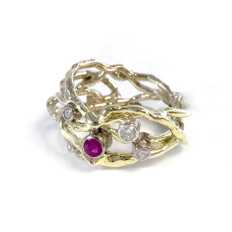 Birds nest ring with ruby & diamonds by Selwyn Gale