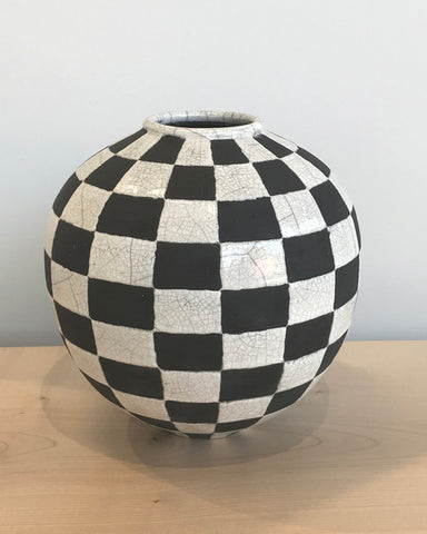Black and white chequered raku pot by Jodie Neale