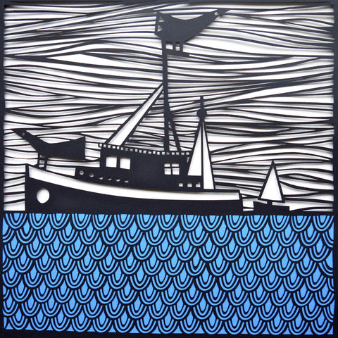 Fishing Paper Cut in Frame by Caroline Rees