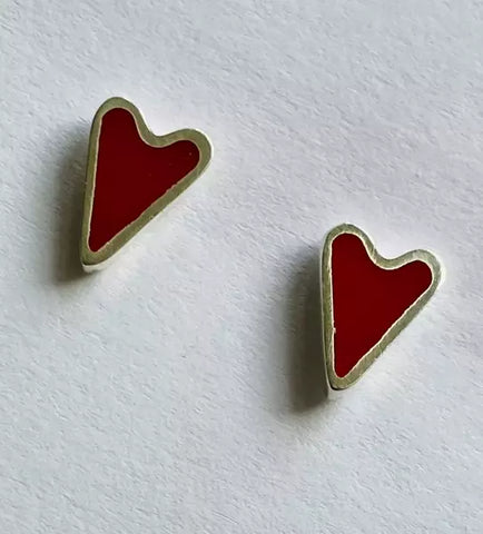 Heart studs in silver & red resin by Clare Collinson