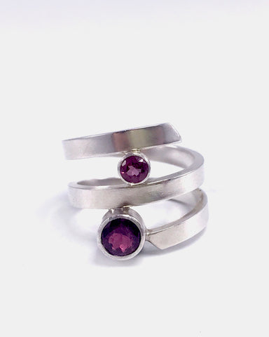 Slim Ribbon Double End Ring with pink tourmaline and rhodolite garnet by Jodie Hook