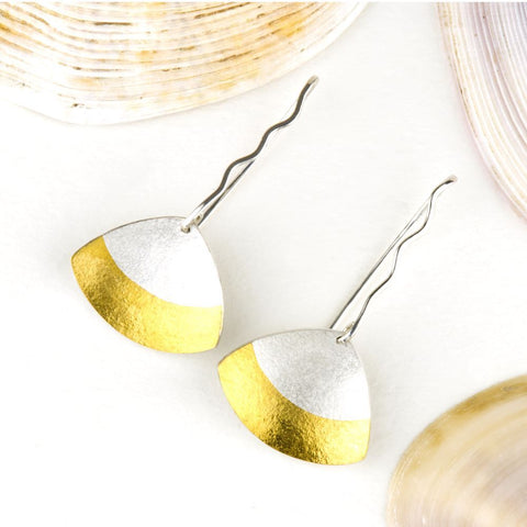 Satin silver clam drop earrings by Sandra Elizabeth