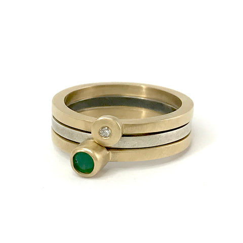 Three Band Ring Set with Diamond & Emerald by Deborah Edwards
